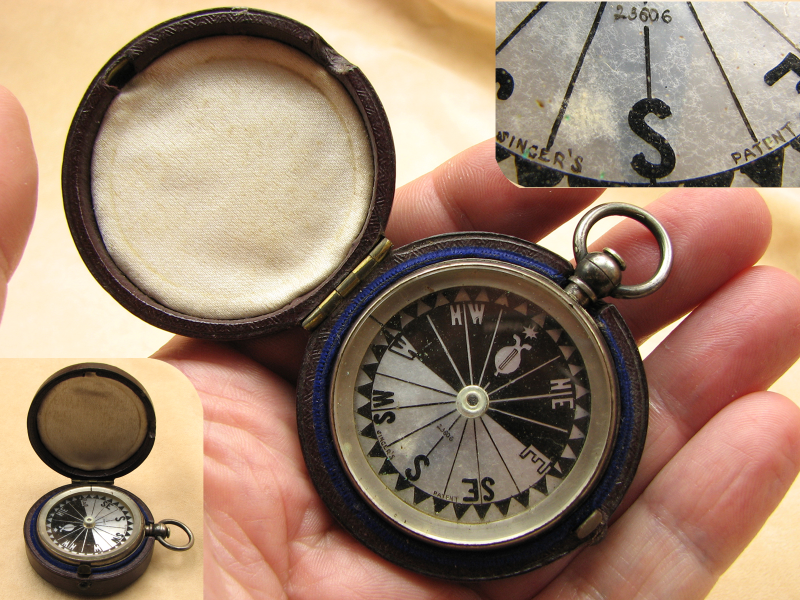 1860's Singers Patent pocket compass serial no 23606 with MOP dial